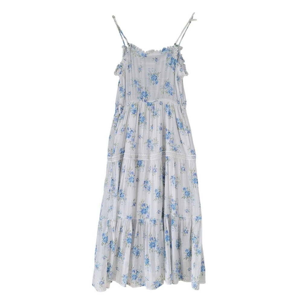 MINE Floral Tiered Midi Dress Womens Small White Blue Lace Trim Boho CR1200